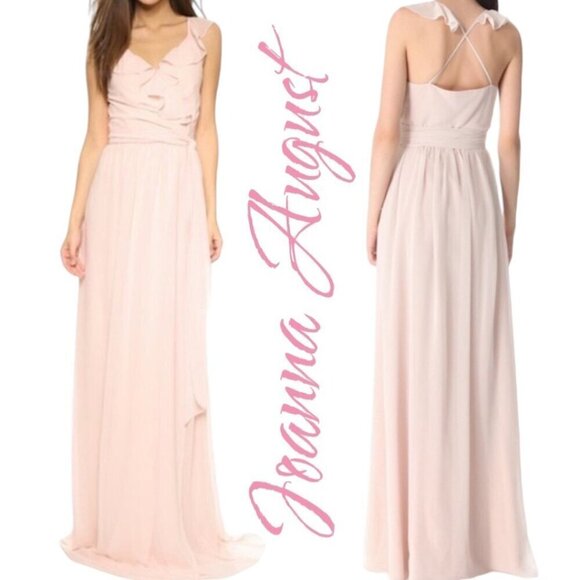 JOANNA AUGUST Lacey Blush Pink Formal V-Neck Wedding Party Ruffle Wrap Dress, XS - Picture 2 of 8